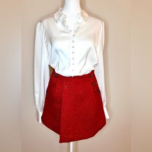 Floryday Pearl Button Satin Blouse – Ivory/White, Voluminous Sleeves – Size M